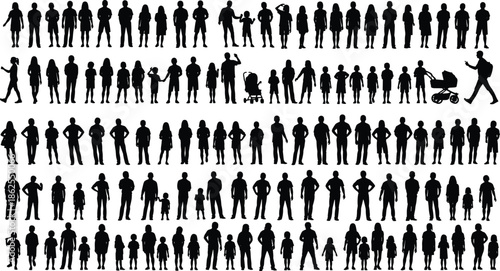 Family and people silhouettes set showing adults, children, parents with stroller, standing poses, black vector collection isolated on white background