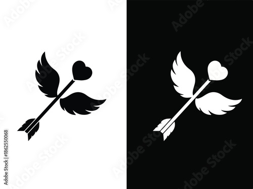 Graphic illustration of a winged heart pierced by an arrow in black and white, presented on contrasting backgrounds with a symbolic design.