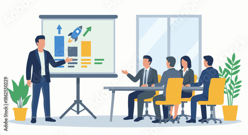“Startup founder presenting a business pitch to investors, presentation screen with charts and growth icons, conference room simplified, flat vector illustration