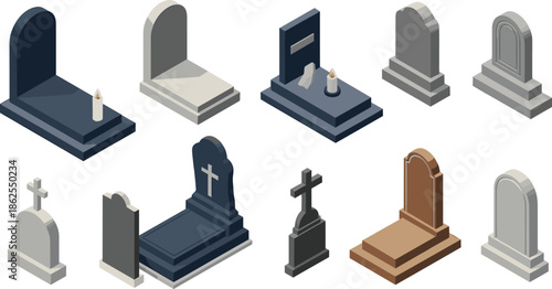 Isometric gravestones and tombstones collection in different styles, cemetery memorial stones, funeral symbols, remembrance illustration set