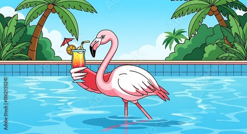 Pink flamingo in swimming pool tropical.
