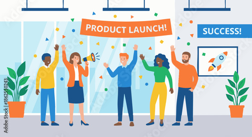 “Startup founder celebrating a product launch with team members, confetti represented as simple shapes, office background simplified, flat vector illustration