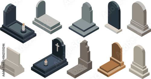Isometric gravestones and tombstones collection in different styles, cemetery memorial stones, funeral symbols, remembrance illustration set