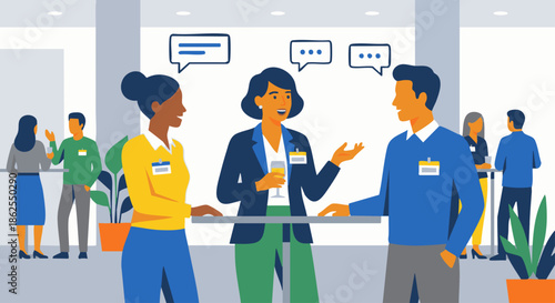 “Startup founder talking with other professionals at a networking event, speech bubbles and name tags shown as simple icons, flat vector illustration, solid colours only, modern business social scene.