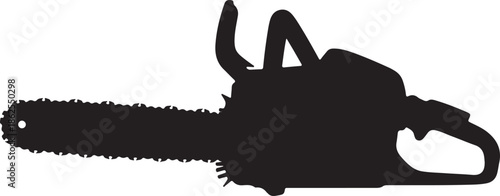 A black silhouette illustration of a chainsaw viewed from the side on a white background