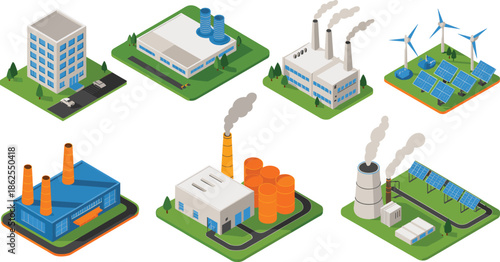 Isometric industrial buildings and power plants set including factories offices and renewable energy stations, modern infrastructure illustration