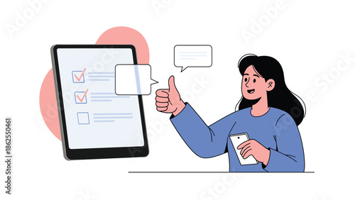 A happy woman gives a thumbs-up for a digital checklist on a tablet, illustrating customer satisfaction, positive reviews, and online feedback.