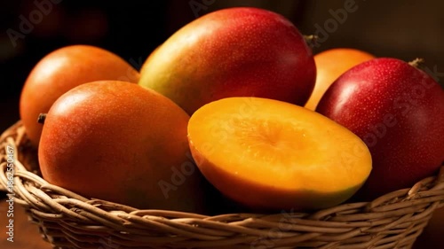 Wallpaper Mural Fresh Ripe Mangoes in Wicker Basket with Sliced Fruit Showcasing Juicy Tropical Flavor Torontodigital.ca