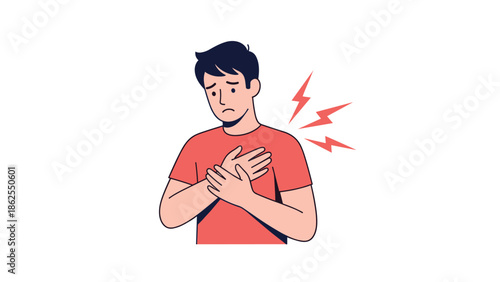 Young man feeling chest pain with his hands over his heart, illustrating a heart attack, heartache, or cardiovascular health problems.