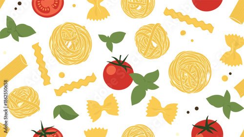 Seamless pattern with various types of Italian pasta, fresh red tomatoes, and green basil leaves scattered on a clean white background.