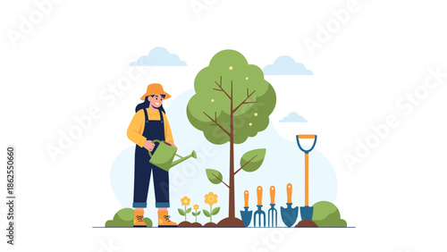 Woman farmer or gardener in a hat and overalls watering a young tree in a garden with various gardening tools nearby on the ground.