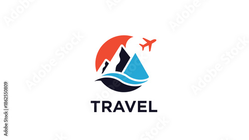 Travel logo featuring mountains, airplane, and a vibrant design for adventure.