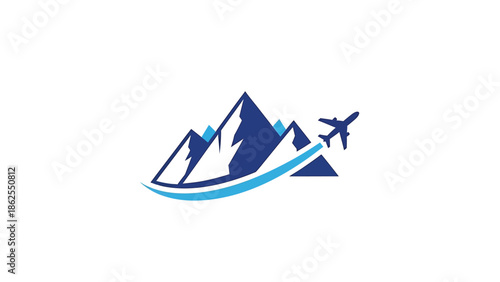 Travel agency logo featuring mountains and an airplane soaring through the sky, adventure concept.