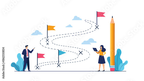 Business people planning a project roadmap with flags marking milestones on a winding path, illustrating strategy and goal achievement.