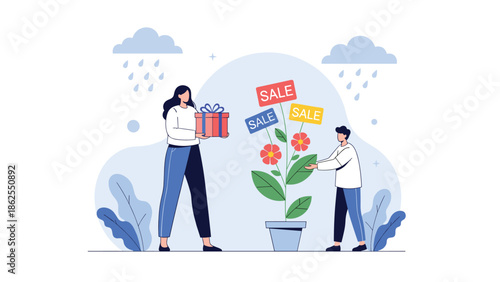 A loyalty program concept with a woman receiving a gift and a man tending to a plant with sale signs, representing customer rewards.