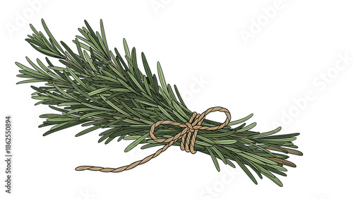 A fresh bunch of green rosemary sprigs tied together with a rustic twine bow, isolated on a clean white background for culinary use.
