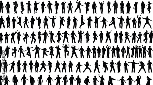 Large Collection of Vector People Silhouettes in Various Active Poses Dancing Walking and Jumping Isolated on White Background for Graphic Design
