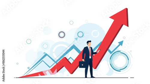 Businessman with a briefcase standing confidently on a large red arrow pointing upwards, symbolizing business growth and career success.