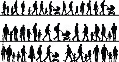 Large Set of Pedestrian Silhouettes Featuring Parents Walking with Baby Strollers and Children in Various Poses for Urban Lifestyle Design