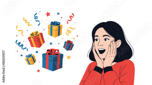 A surprised and happy young woman with her hands on her cheeks, looking at colorful gift boxes and confetti floating around her.
