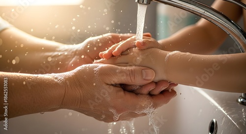 Child and Adult Hands Washing Under Running Water in Kitchen