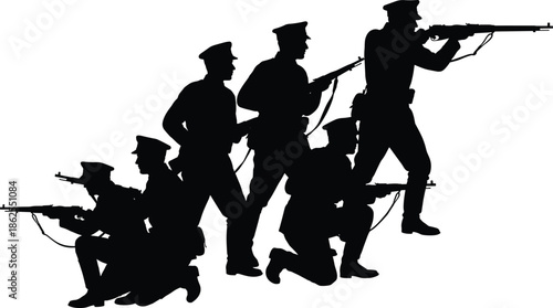 World War soldier silhouettes advancing with rifles, military infantry squad in combat poses isolated on white background illustration, design use