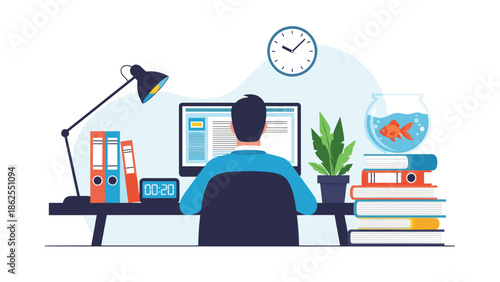 A man working from home at a desk with a computer, lamp, books, and a fishbowl, illustrating a modern remote office workspace.
