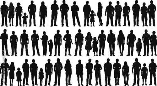 Massive Bundle of People Silhouettes Featuring Diverse Men Women and Children in Standing Poses for Community and Social Design Projects