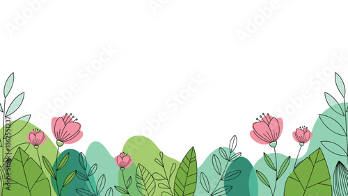 A beautiful spring or summer background with a border of hand-drawn pink flowers and green leaves on the bottom edge.