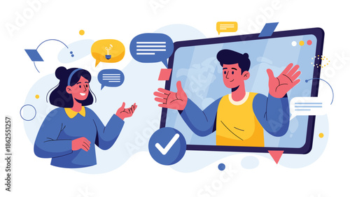 Man and woman having a video call, with the man appearing inside a tablet screen, illustrating online communication and remote meetings.