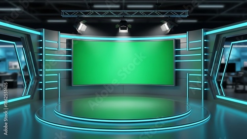 Futuristic High-Tech News Studio with Green Screen, Advanced Lighting & Sleek Virtual Set Design for Broadcasting & Digital Media
