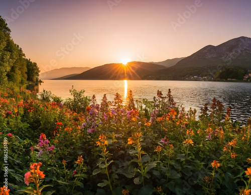 Panorama of a beautiful sunset over the lake with flowers. sunset on the lake.