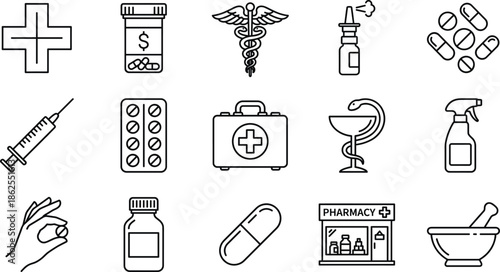Medical healthcare line icons set including medicine pharmacy syringe first aid caduceus pills hygiene symbols isolated on white background
