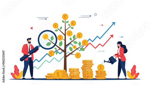 Man and woman growing a money tree with various currency symbols, representing financial investment, business growth, and wealth management.