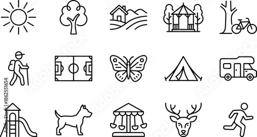 Outdoor recreation line icons set with park nature camping sports animals playground travel symbols isolated on white background