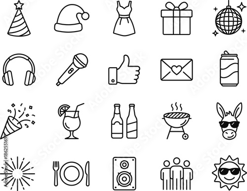Party celebration line icon set with music gifts drinks food disco people and holiday elements isolated on white