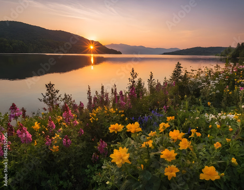 Panorama of a beautiful sunset over the lake with flowers. sunset on the lake.
