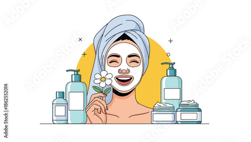 A happy, smiling woman with a face mask and a towel on her head, showcasing her beauty and skincare routine with cosmetic products.