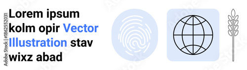 Digital identity, global network, sustainable agriculture, innovation, data security, modern symbols. A fingerprint, a globe and a wheat stalk. Digital identity and global network