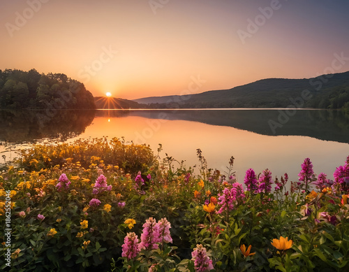 Panorama of a beautiful sunset over the lake with flowers. sunset on the lake.