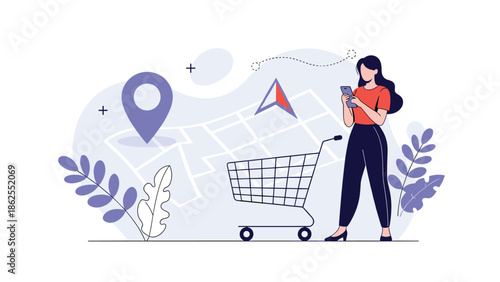 Woman using her smartphone for online shopping, with a map, location pin, and shopping cart in the background representing e-commerce.