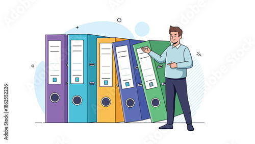 A smiling man standing next to a row of large, colorful office binders, representing document organization, archiving, and data management.