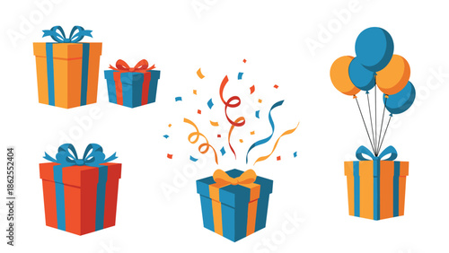 A festive collection of birthday or celebration icons, including colorful gift boxes with bows, exploding confetti, and presents tied to balloons.
