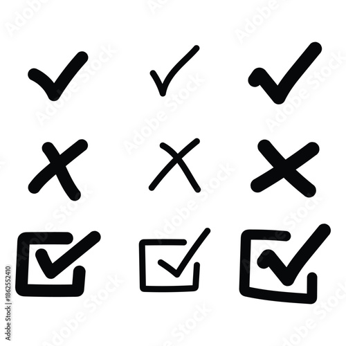Check tick mark icon set. Cross box x check mark checkbox v list vector draw hand drawn sketch doodle brush marker checklist symbol wrong right circle. ... 
