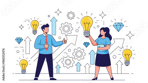 A businessman and businesswoman collaborate on innovative ideas, surrounded by lightbulbs, gears, and upward arrows representing growth and success.