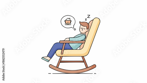 Man sleeping in rocking chair dreaming of home illustration.