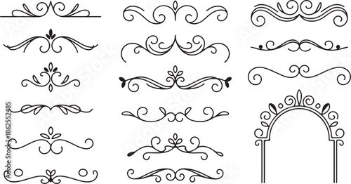 An illustrated collection of minimalist architectural designs and ornate doorways in a simplistic line drawing style