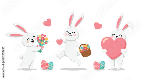 A set of three adorable white Easter bunnies celebrating, one with flowers, one with a heart, and one holding a giant pink heart.