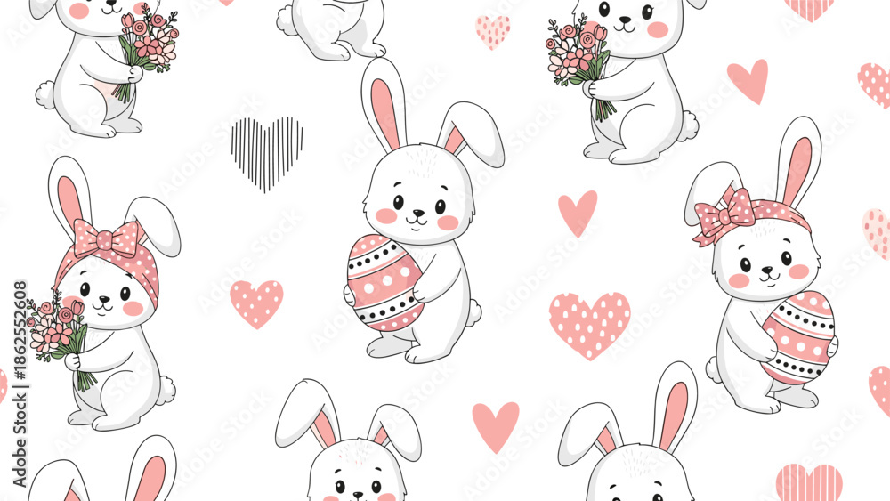Obraz premium A cute and seamless pattern for children featuring adorable white bunnies with pink bows, Easter eggs, and hearts on a white background.