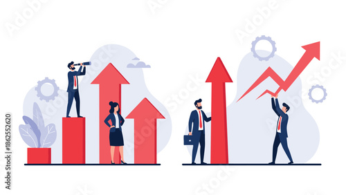 Business people working together to achieve growth, with characters standing on bar charts, using a telescope, and raising a graph arrow.